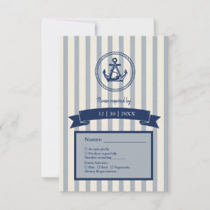 blauwe Anker Streep Maritime Bestemming Huwelijk RSVP Kaartje