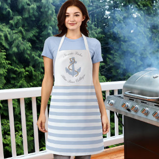 Blauwe anker strepen Lake Beach House naam Schort