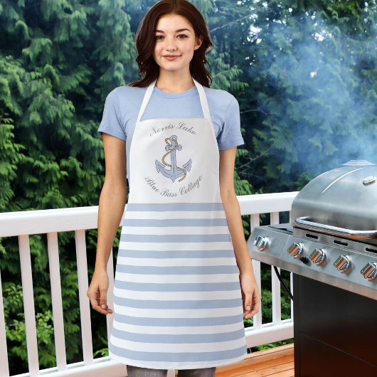 Blauwe anker strepen Lake Beach House naam Schort