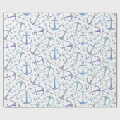 Blauwe anker waterverf. Nautisch patroon. Modern Cadeaupapier (Vlak)