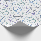 Blauwe anker waterverf. Nautisch patroon. Modern Cadeaupapier (Hoek)