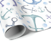 Blauwe anker waterverf. Nautisch patroon. Modern Cadeaupapier (Rol Hoek)