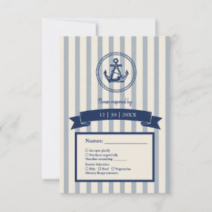 blauwe ankerstreep maritieme huwelijksbestemming RSVP kaartje