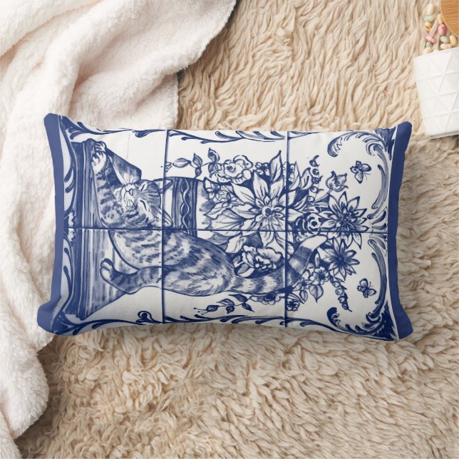 Blauwe Antiek kat Floral Pottery  Tegel Kussen (Deken)