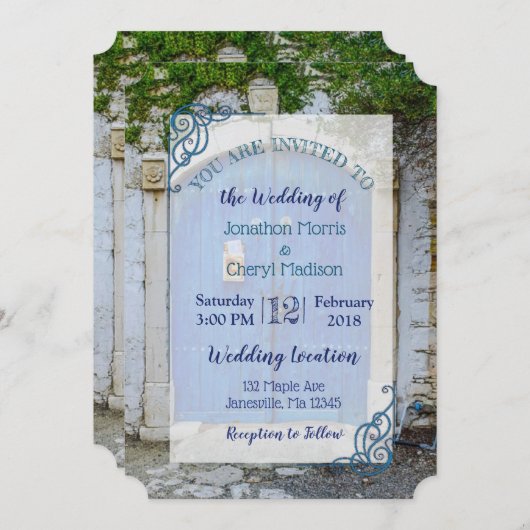 Blauwe Antiek Romantische uitnodigingen voor bruil (Voorkant / Achterkant)