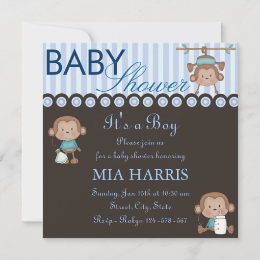 Blauwe Apen Ontwerp Baby Shower Uitnodiging (Voorkant)