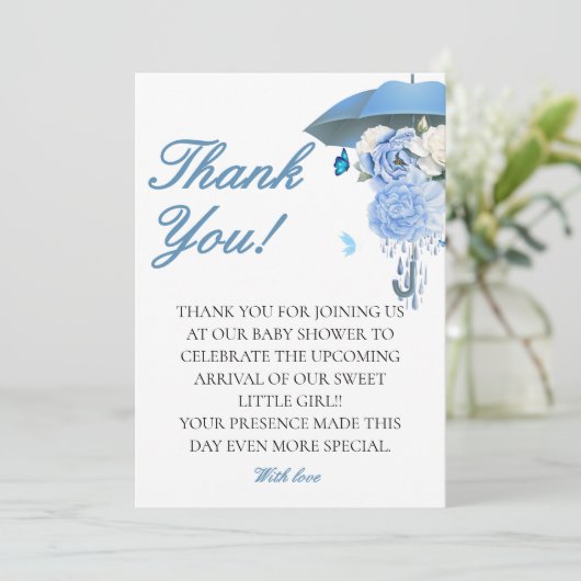 Blauwe aprilbuien brengen mei bloemen baby shower bedankkaart (Staand voorkant)