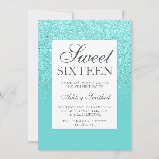 Blauwe aqua glitter elegante chique Sweet 16 Kaart (Voorkant)