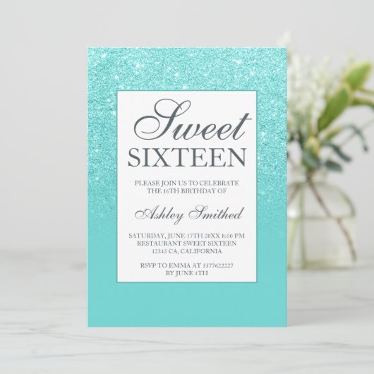 Blauwe aqua glitter elegante chique Sweet 16 Kaart (Staand voorkant)