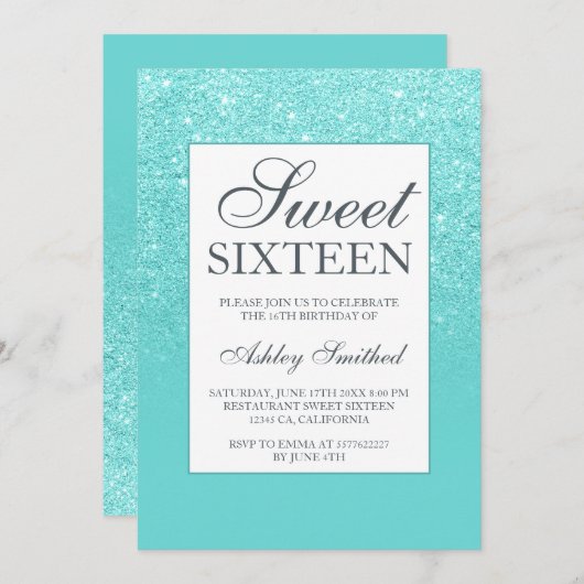 Blauwe aqua glitter elegante chique Sweet 16 Kaart (Voorkant / Achterkant)