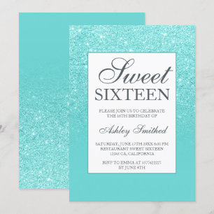 Blauwe aqua glitter elegante chique Sweet 16 Kaart