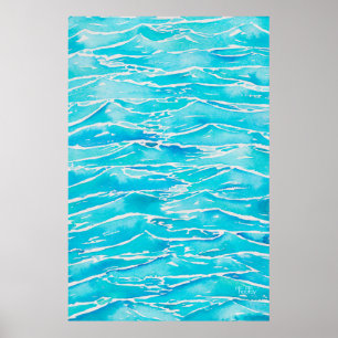 Blauwe Aqua Ocean Zee Waves Waterverf afdrukken Poster