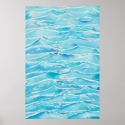 Blauwe Aqua Ocean Zee Waves Waterverf afdrukken Poster (Voorkant)