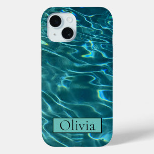Blauwe aqua Water Patroon oceaan golven monogram iPhone 15 Case