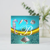 BLAUWE AQUAMARIJN DAMAST STRAND TROUW MONOGRAM KAART (Staand voorkant)