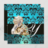 BLAUWE AQUAMARIJN ZWARTE, WITTE DAMAST JEWEL MONOG KAART (Voorkant / Achterkant)