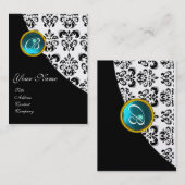 BLAUWE AQUAMARINE-DAMASKMONOGRAM, turquase-zilver Visitekaartje (Voorkant / Achterkant)