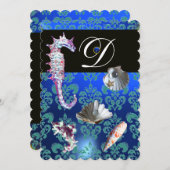 BLAUWE AQUAMARINE DAMAST BRUILOFT MONOGRAM KAART (Voorkant / Achterkant)