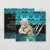 BLAUWE AQUAMARINE ZWART, WIT DAMAST JEWEL MONOGRAM KAART (Voorkant / Achterkant)