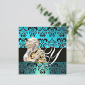 BLAUWE AQUAMARINE ZWART, WIT DAMAST JEWEL MONOGRAM KAART (Staand voorkant)