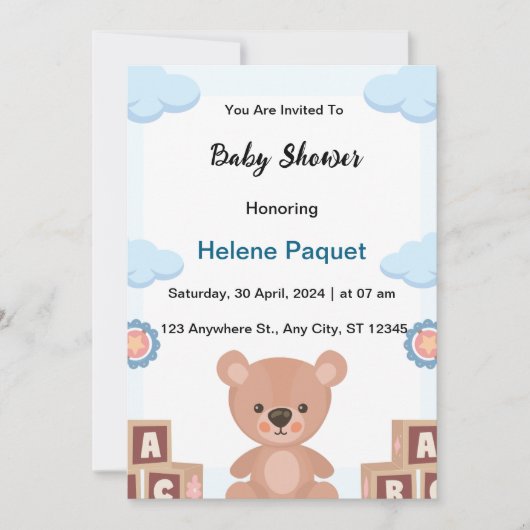 blauwe aquarel babyshower uitnodiging (Voorkant)
