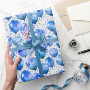Blauwe Aquarel Ballonnen en Confetti Jongens Verja Cadeaupapier
