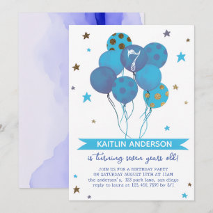 Blauwe Aquarel Ballonnen Meisje 7e Verjaardagsfees Kaart