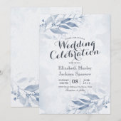 Blauwe Aquarel Bladeren Bloemen Botanische Bruilof Kaart (Voorkant / Achterkant)