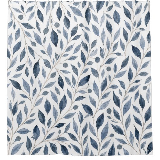 Blauwe Aquarel Bladeren Botanische Douchegordijn (Voorkant)