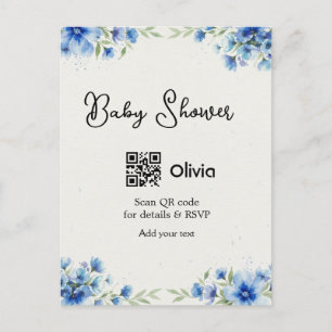 Blauwe aquarel bloem baby shower scan QR RSVP pa Briefkaart