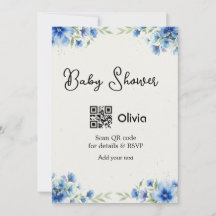 Blauwe aquarel bloem baby shower scan QR RSVP pa