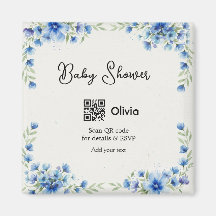 Blauwe aquarel bloem baby shower scan QR RSVP pa