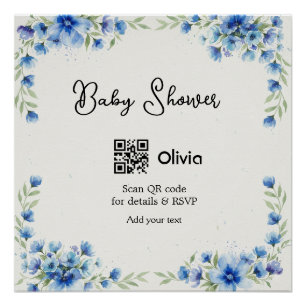 Blauwe aquarel bloem baby shower scan QR RSVP pa Perfect Poster