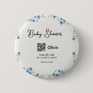 Blauwe aquarel bloem baby shower scan QR RSVP pa Ronde Button 5,7 Cm