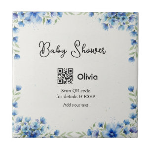 Blauwe aquarel bloem baby shower scan QR RSVP pa Tegeltje