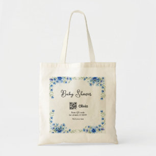 Blauwe aquarel bloem baby shower scan QR RSVP pa Tote Bag