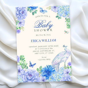 Blauwe aquarel bloem bloei pauw babyshower kaart