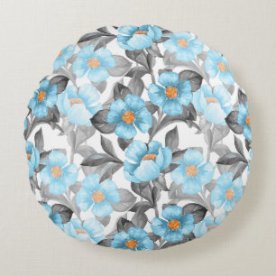 Blauwe Aquarel Bloem - Botanische Bloemstukken Rond Kussen