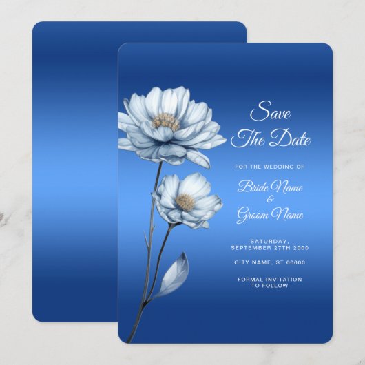 Blauwe Aquarel Bloemen Bewaar de Datum Save The Date (Voorkant / Achterkant)