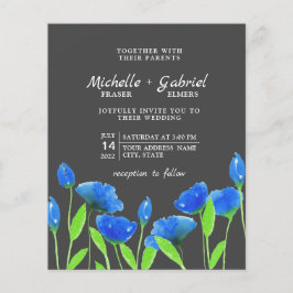 Blauwe aquarel bloemen. Bloemige bruiloft. Zwarte  Flyer