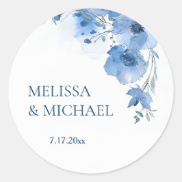 Blauwe Aquarel Bloemen Bruiloft Ronde Sticker
