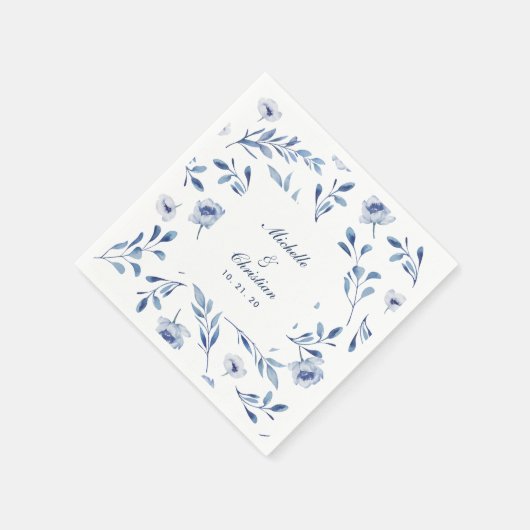 Blauwe Aquarel Bloemen Bruiloft Servet (Hoek)