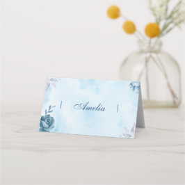 Blauwe aquarel Bloemen Gevouwen Plaats Kaart Plaatskaartje