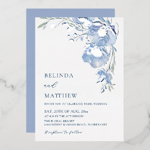 Blauwe Aquarel Bloemen Informele Bruiloft Folie Uitnodiging