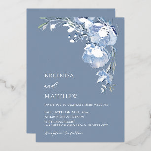 Blauwe Aquarel Bloemen Informele Bruiloft Folie Uitnodiging