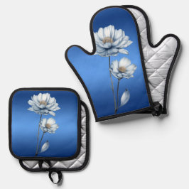 Blauwe Aquarel Bloemen Ovenwant & Pannenlap Set
