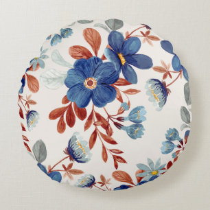 Blauwe Aquarel Bloemen Ronde Kussen