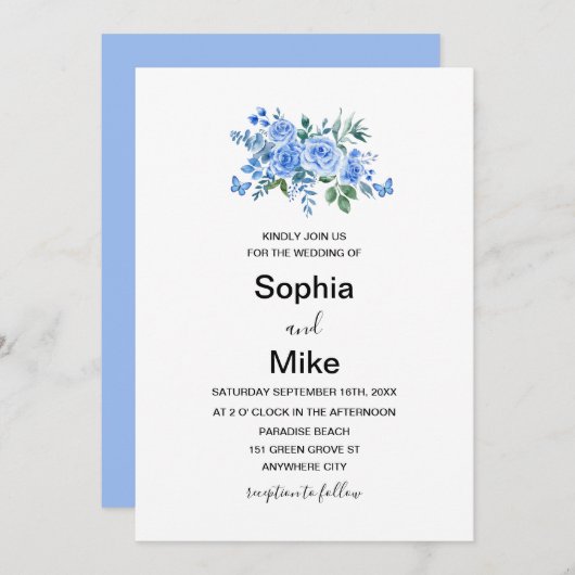 Blauwe Aquarel Bloemen Vlinders Huwelijk Kaart (Voorkant / Achterkant)