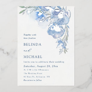 Blauwe Aquarel Bloemen Witte Zilver Folie Uitnodiging