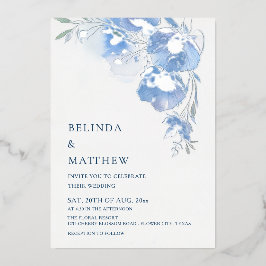Blauwe Aquarel Bloemen Witte Zilver Folie Uitnodiging